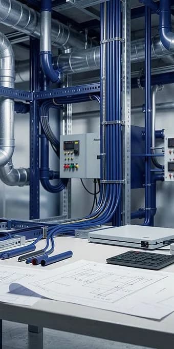 Mechanical plant room with ductwork, cable containment and control panel