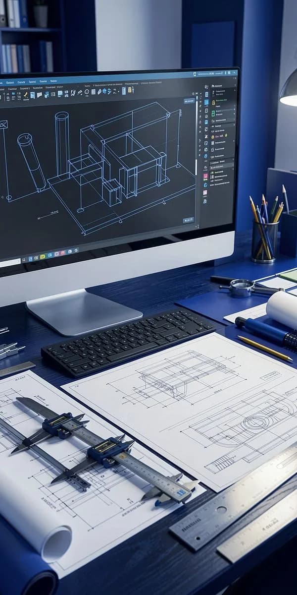 CAD model on screen above printed shop drawings and measuring tools